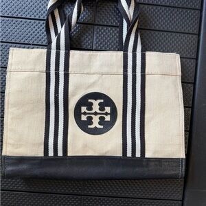 Tory Burch Striped Canvas Logo Tote in Cream and Black